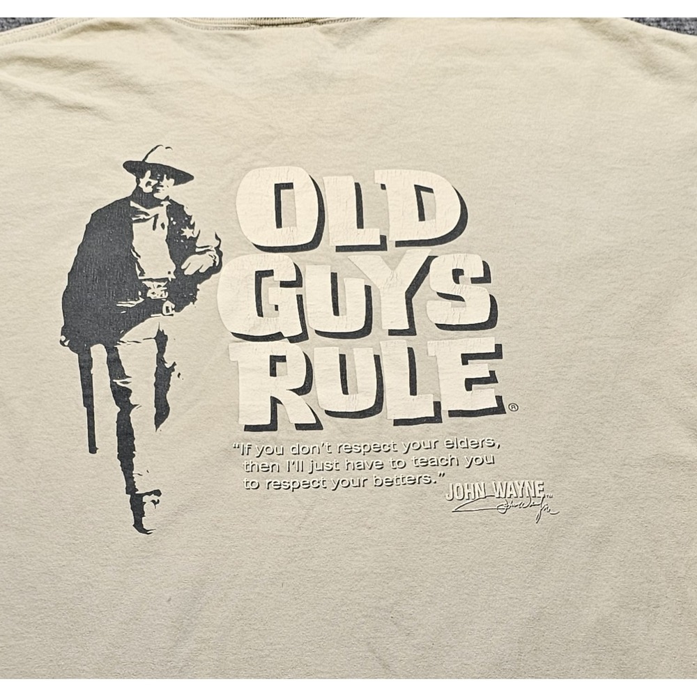 Old Guys Rule John Wayne Western Graphic T-Shirt Mens XL Tan Cotton Duke Quote